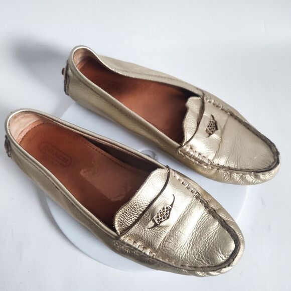 Coach Penny Loafers Size 7 Logo Leather Slip On Flats Napoleon Metallic Gold - Picture 7 of 10